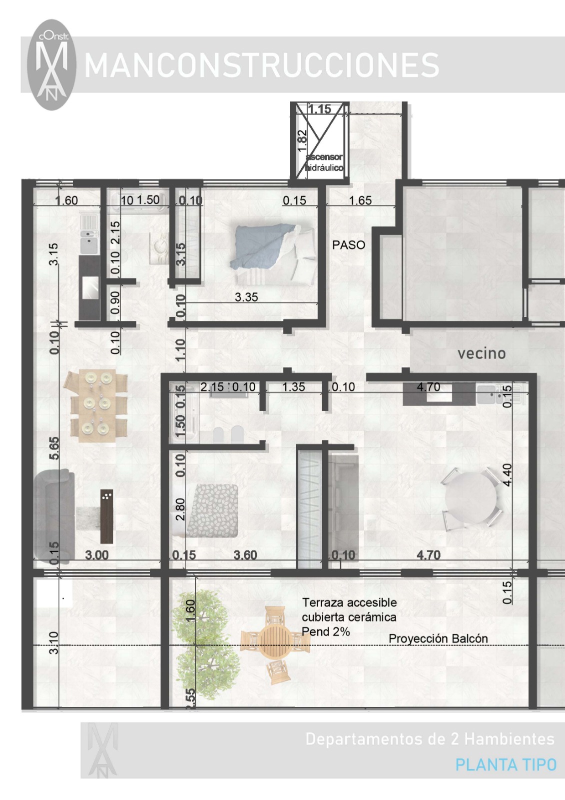 Departamentos 2 Ambientes — Planta Tipo