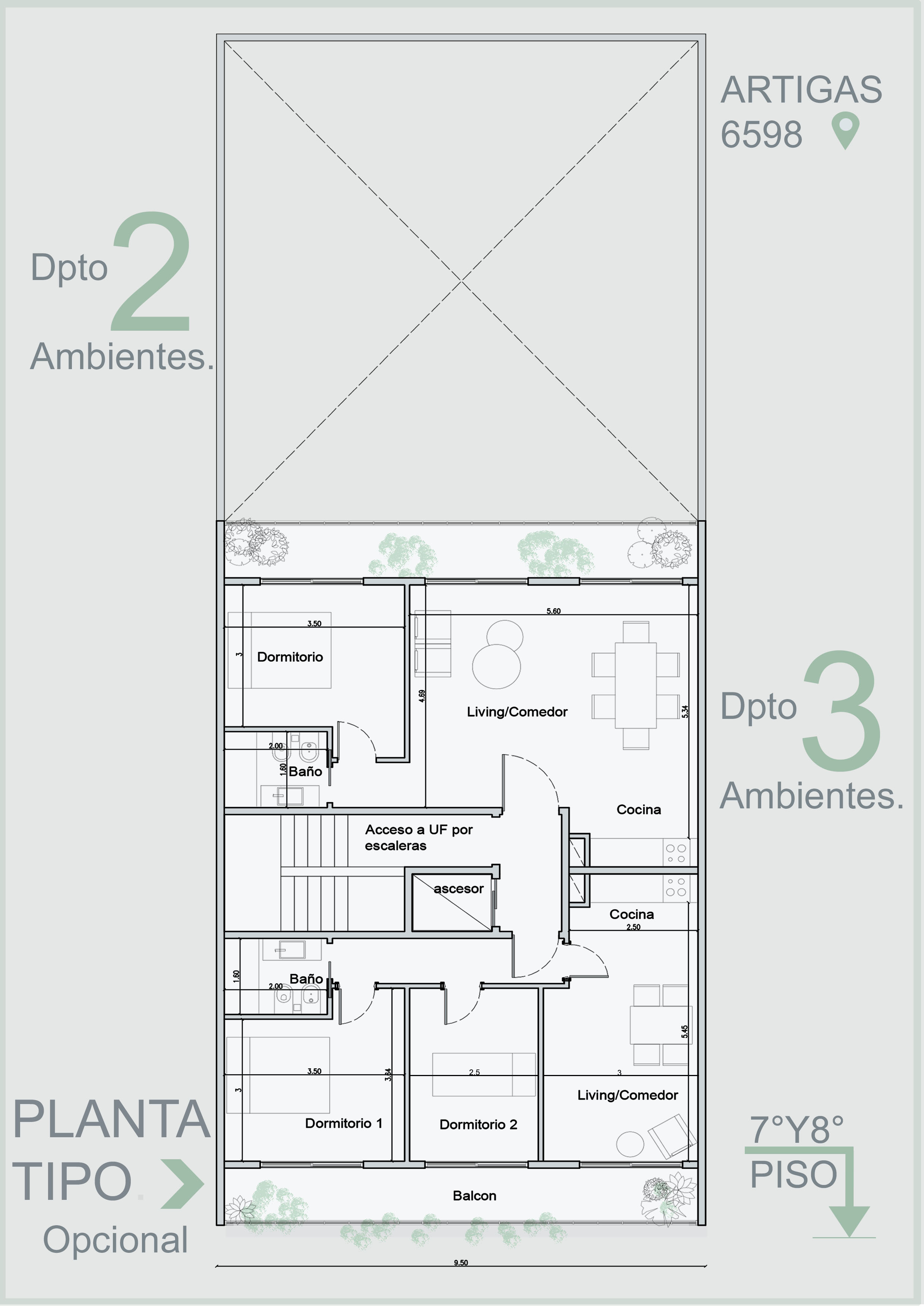 Dpto 2 y 3 Ambientes — 7° y 8° Piso